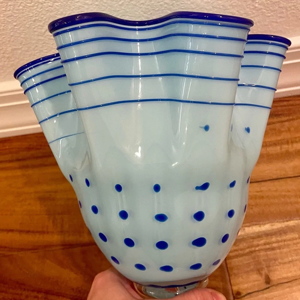 Blue Polka Dot & Stripped Blown Glass Fluted Ruffle Vase Handmade Unique - Picture 15 of 15